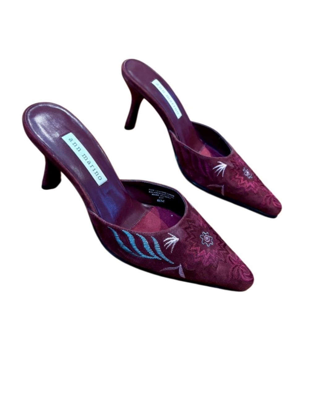 Ann Marino Y2K Style Leather Embroidered Mule Heels